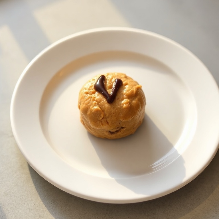 One perfectly shaped no-bake peanut butter energy bite on a white ceramic plate. A small chocolate drizzle is visible on top. Warm light highlights the texture and the slight sheen of the peanut butter. The plate is simple and clean