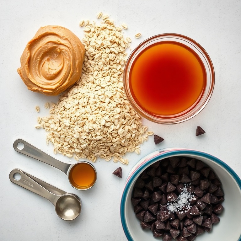 Overhead shot of all the ingredients for no-bake peanut butter energy bites. Peanut butter, oats, honey, chocolate chips, and a sprinkle of flaky salt are arranged neatly. Measuring spoons and a mixing bowl are visible. Bright light from above shows the texture of each item