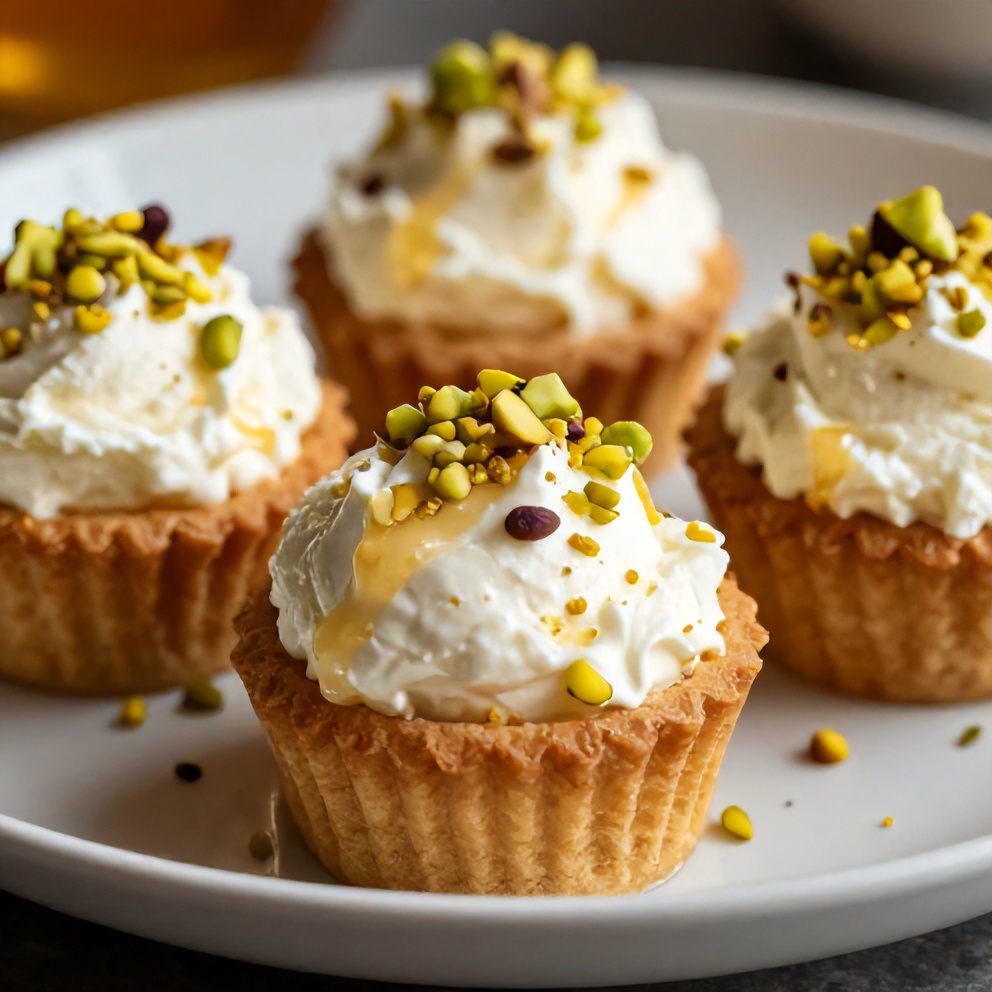 Plated no-bake ricotta cups with honey and pistachios