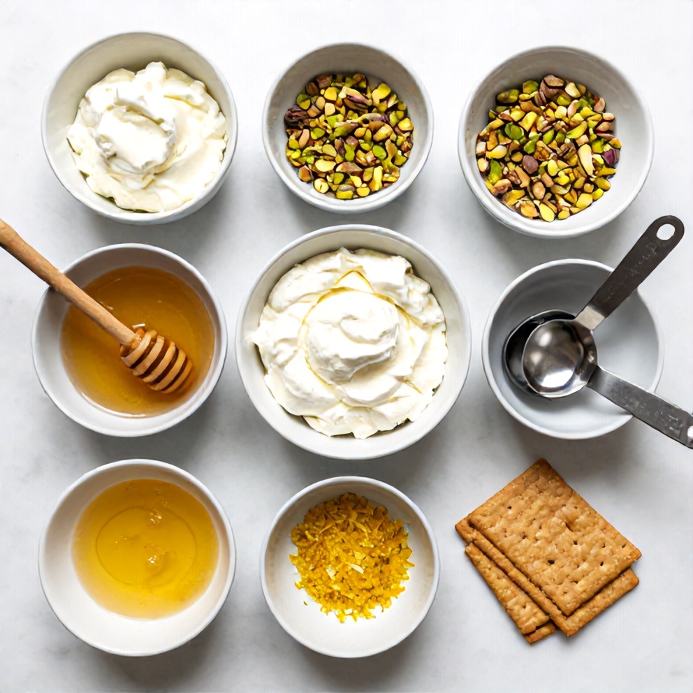 Raw ingredients for no-bake ricotta cups: ricotta, honey, pistachios, lemon zest, and graham crackers