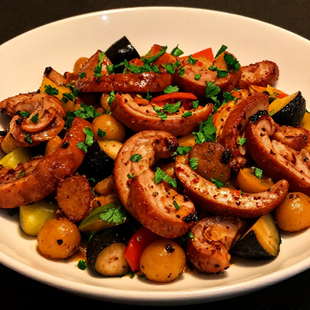 Plated serving of one-pan honey garlic kielbasa and veggies dinner with crispy edges and garnish of fresh parsley