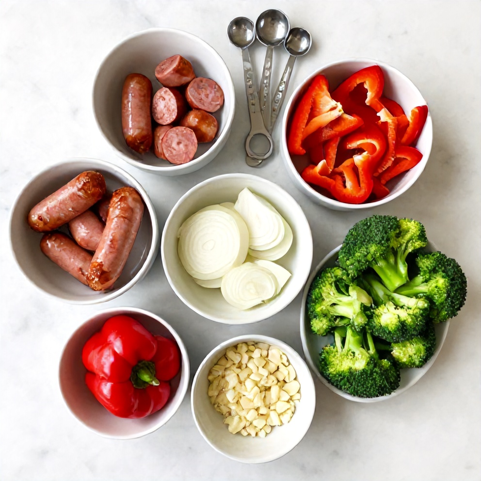 Raw ingredients for one-pan honey garlic kielbasa and veggies dinner including kielbasa, bell peppers, and onions