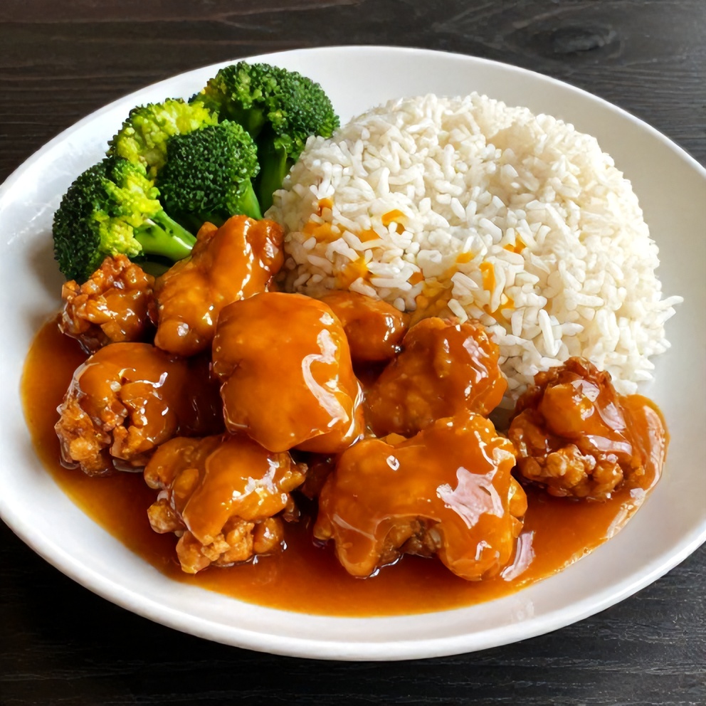 Plated orange chicken with steamed rice and broccoli