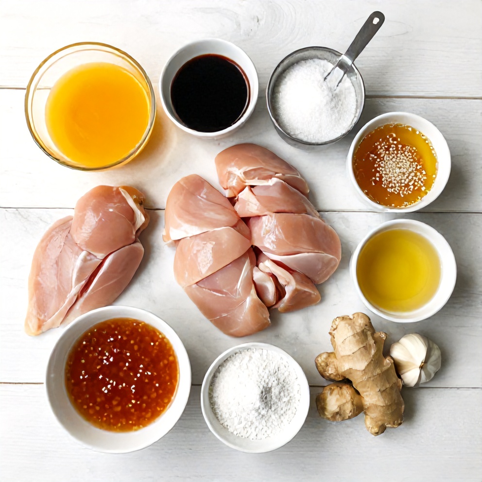 Raw ingredients for orange chicken: chicken, orange juice, soy sauce, garlic, ginger, cornstarch, sugar, vinegar, sesame oil, green onions, sesame seeds