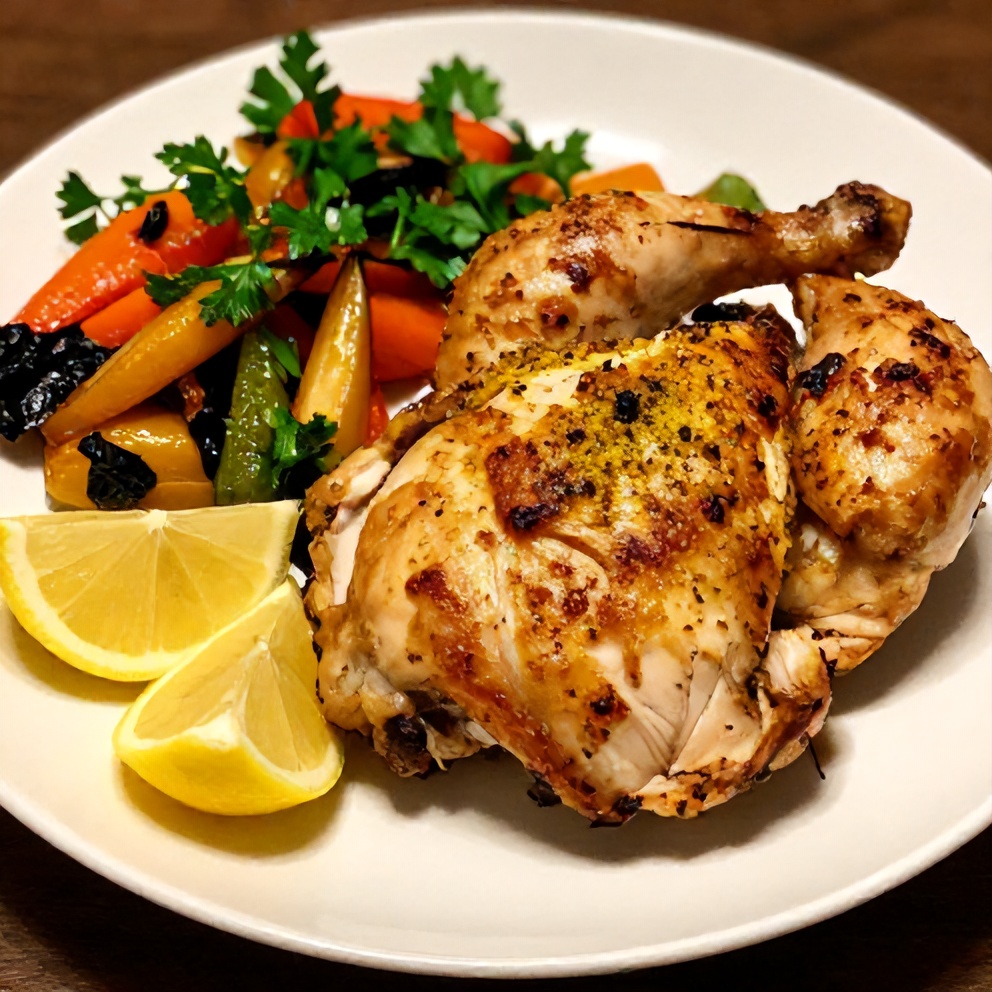 Plated serving of oven baked lemon pepper chicken with a side of roasted vegetables