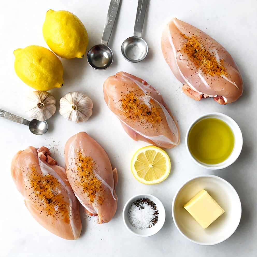 Raw ingredients for oven baked lemon pepper chicken: chicken breasts, lemons, garlic, olive oil, salt, pepper, and butter