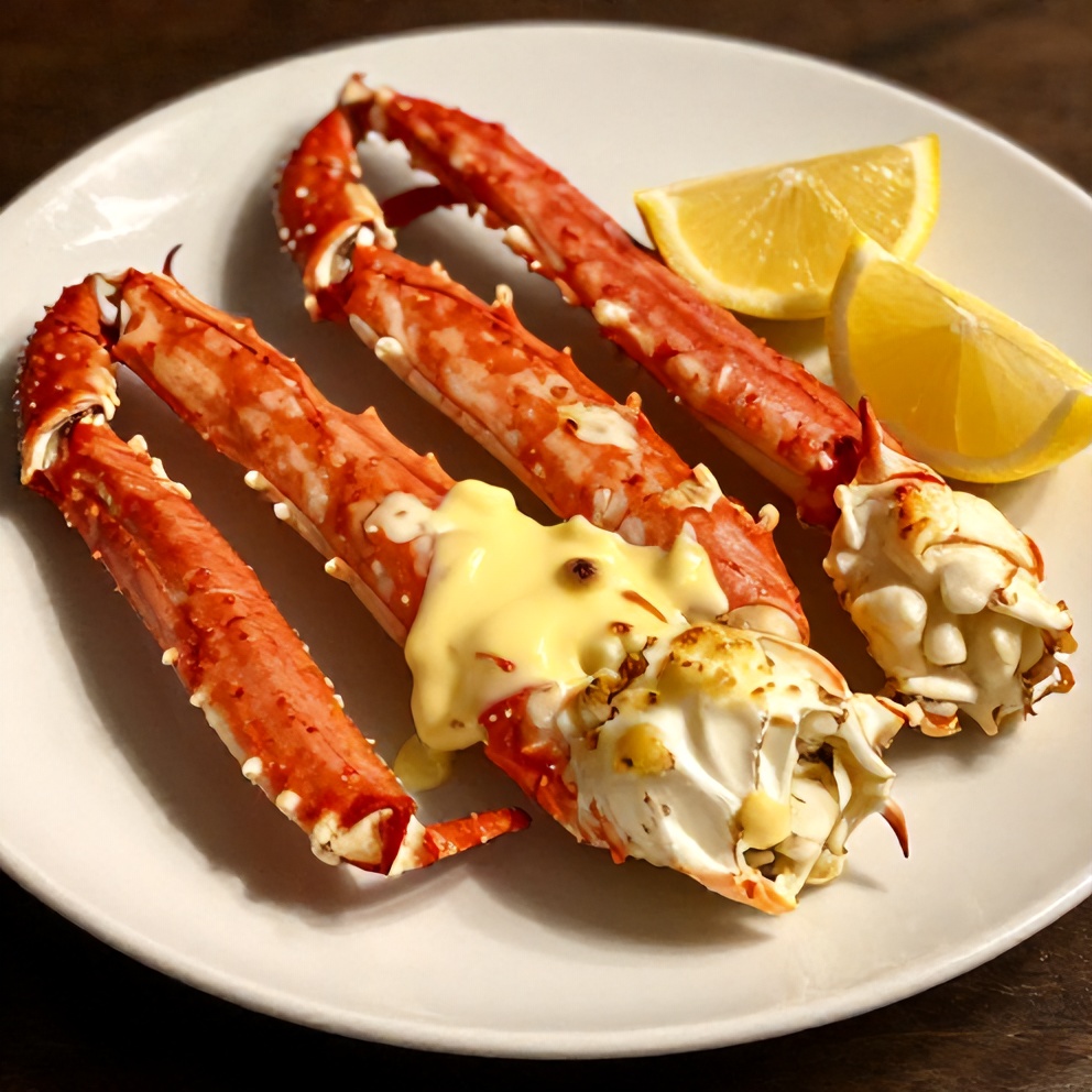 Plated oven baked snow crab legs with melted butter and lemon wedges