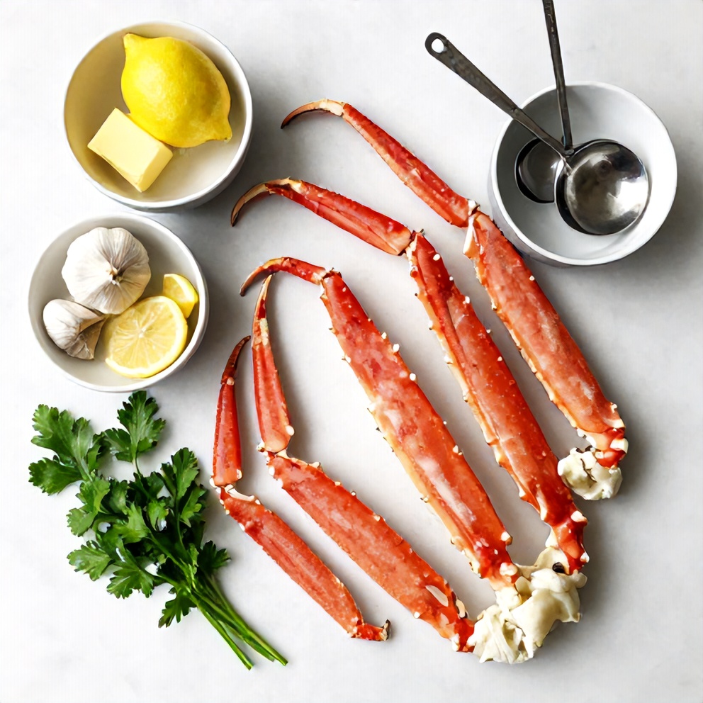 Raw snow crab legs, lemon, garlic, butter, and parsley for oven baked crab legs