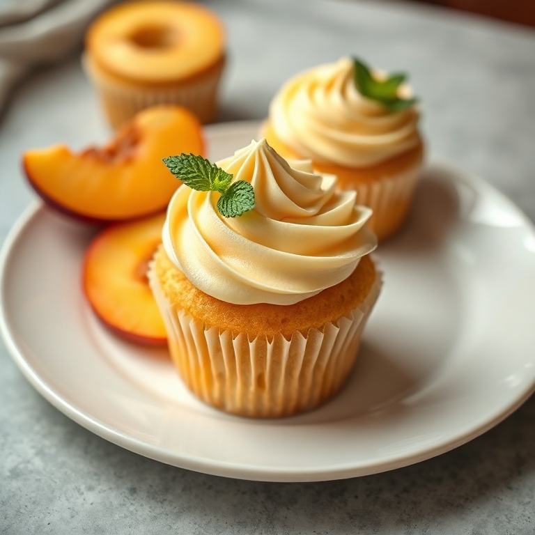 Cupcakes plated on a white plate with a single peach slice and a sprig of mint for garnish.