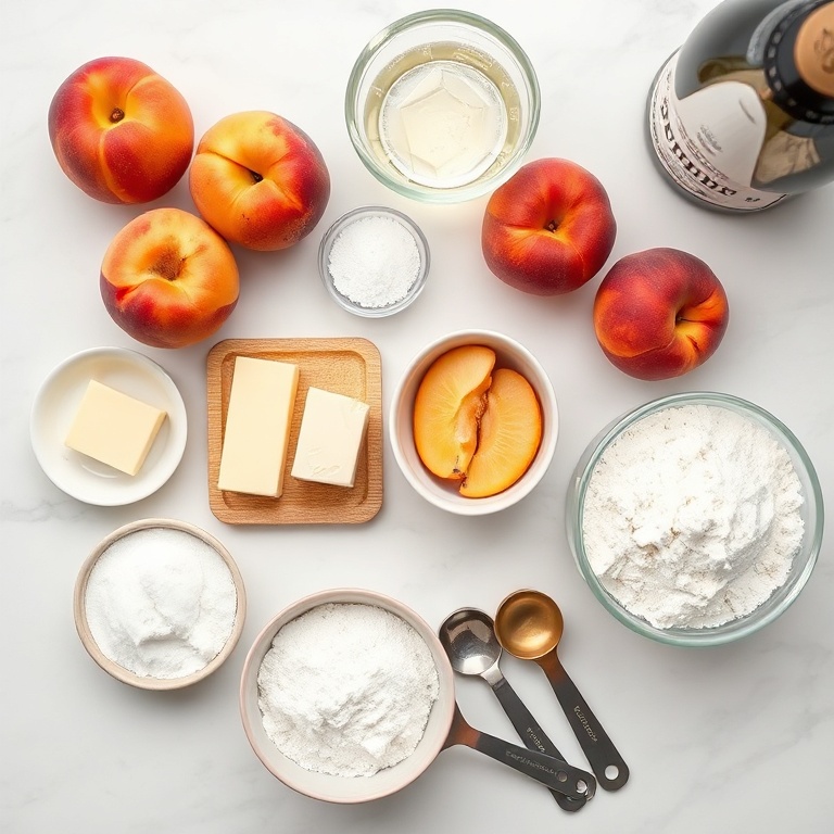 Fresh peaches, butter, sugar, and champagne arranged in a flat lay with measuring cups and bowls.