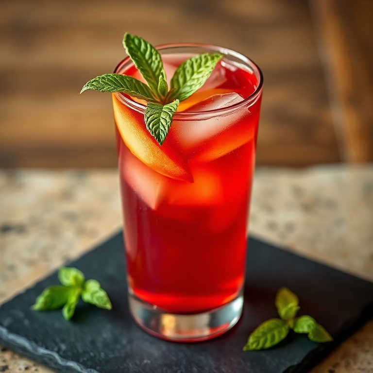 Glass of chilled Peach Hibiscus Tea garnished with mint
