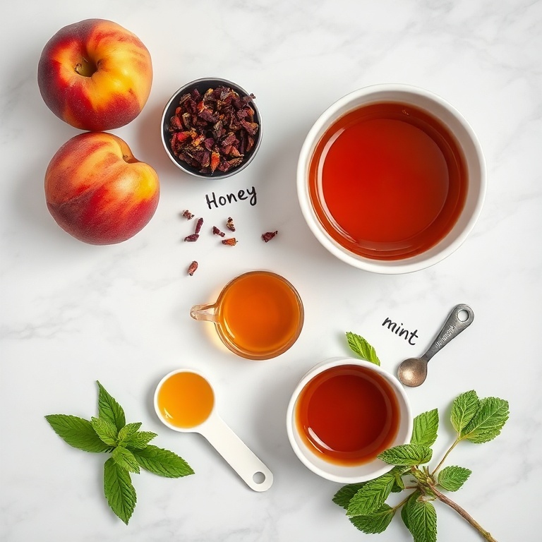 Peaches hibiscus flowers honey tea bag fresh mint
