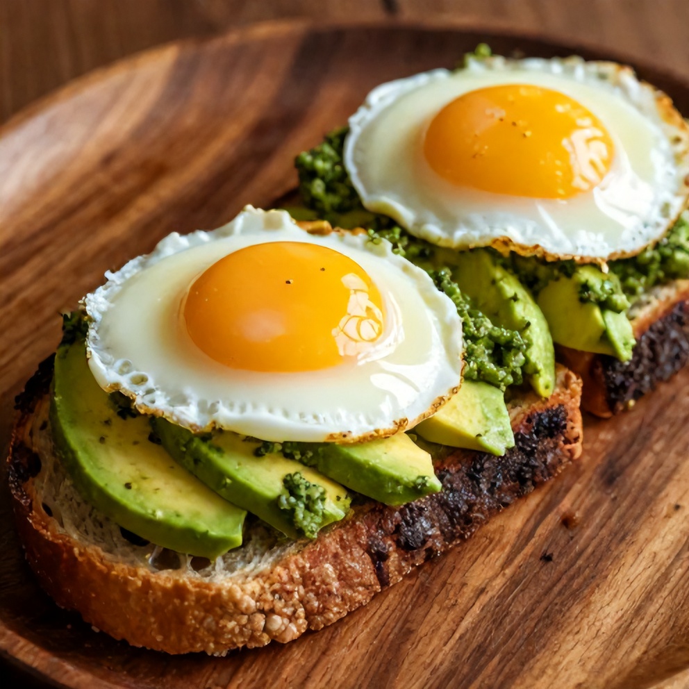 Pesto eggs on avocado toast served on a rustic plate