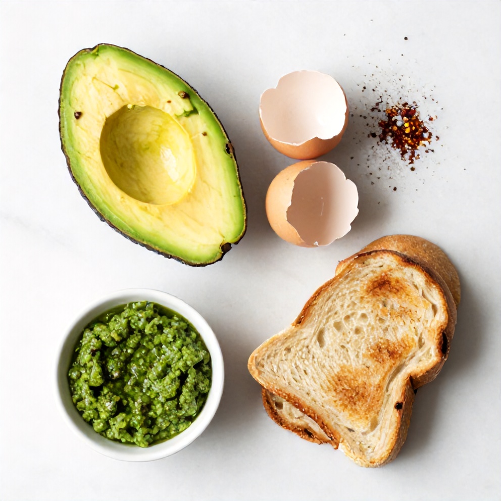 Avocado, eggs, pesto, bread, salt, pepper, and red pepper flakes on a wooden surface