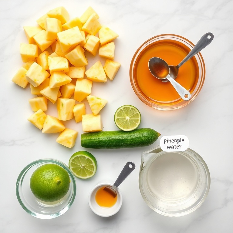 Flat lay of pineapple cucumber agua fresca ingredients