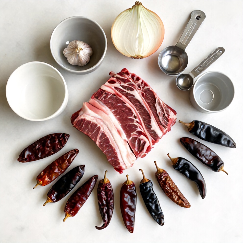 Raw ingredients for Pot Birria Tacos on a wooden surface