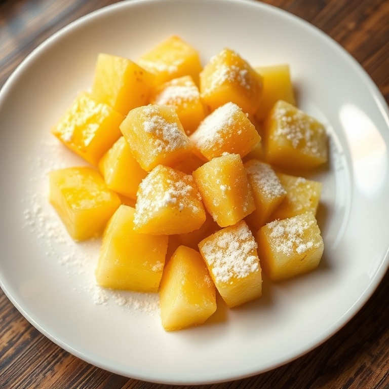 Serving of crispy pineapple chunks with a sprinkle of sugar on a white plate