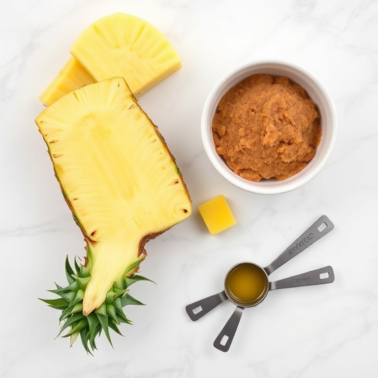 Fresh pineapple, sugar, and a small bowl of melted butter in a kitchen setup