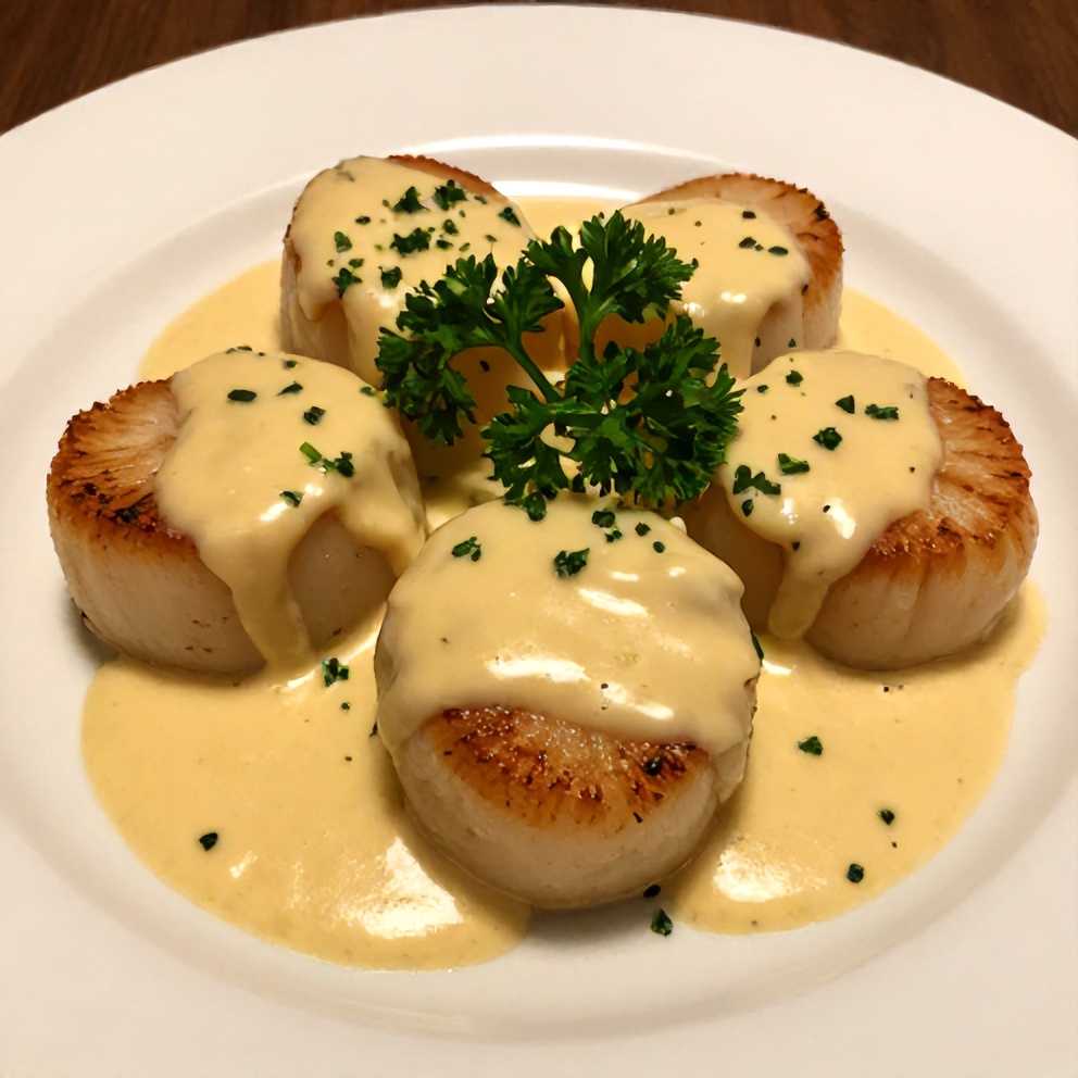 Plated Quick Cajun Scallops in Creamy Mustard Sauce