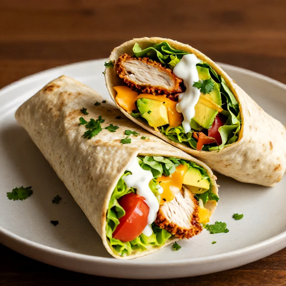 Chicken Avocado Wrap with lettuce and tomato on a plate