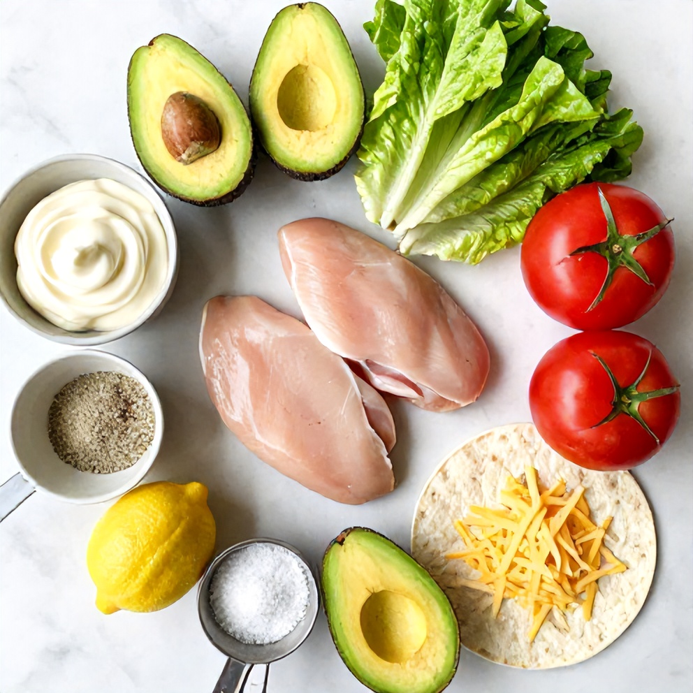 Raw ingredients for Chicken Avocado Wrap on a marble surface
