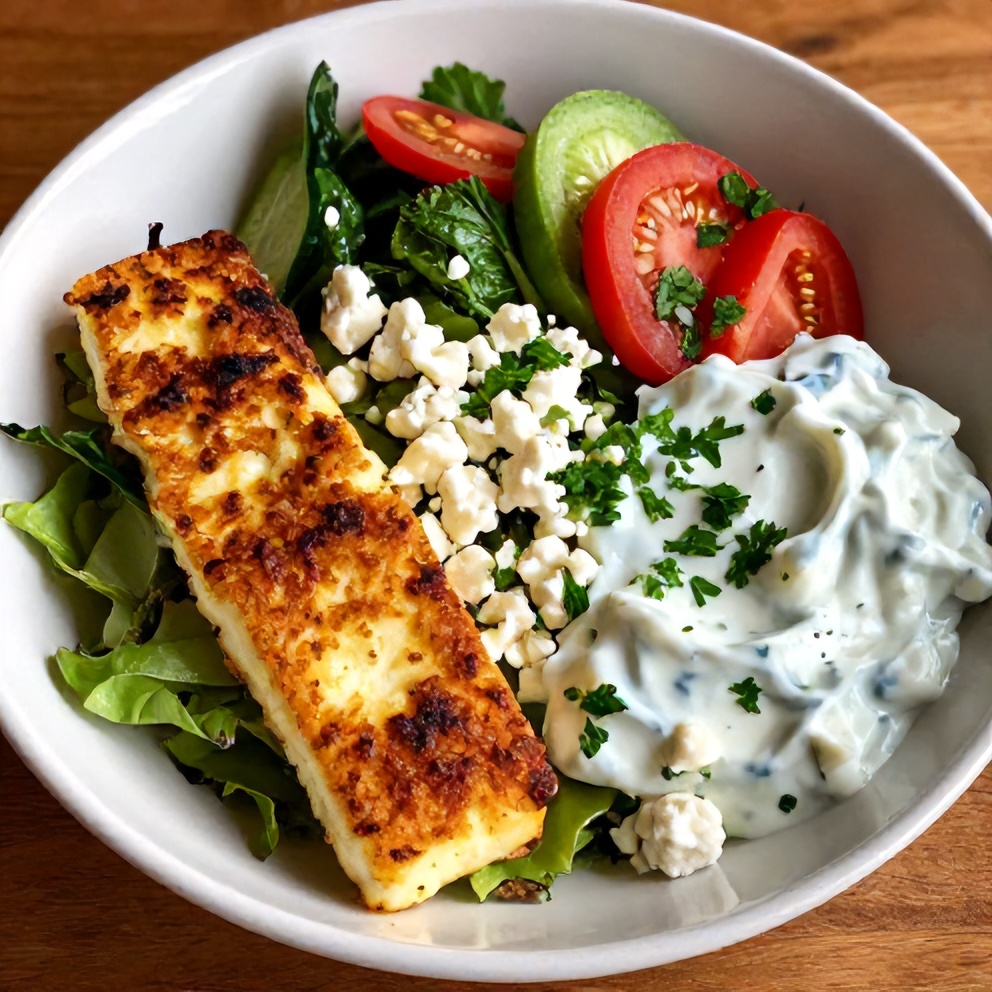 Plated Greek power bowl with crispy halloumi, fresh veggies, and creamy tzatziki