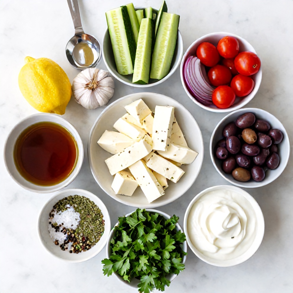 Halloumi, cucumber, cherry tomatoes, red onion, Kalamata olives, feta, and other ingredients for Greek power bowl
