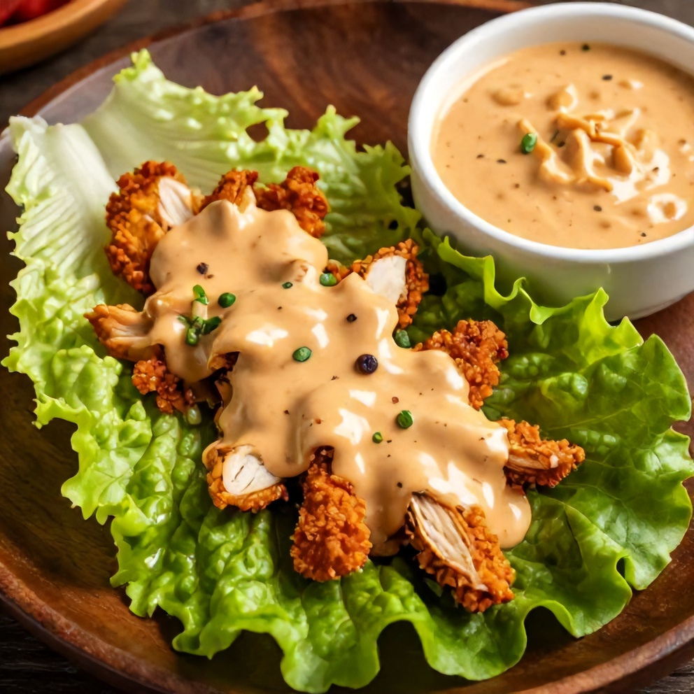 Plated chicken lettuce wraps with peanut sauce