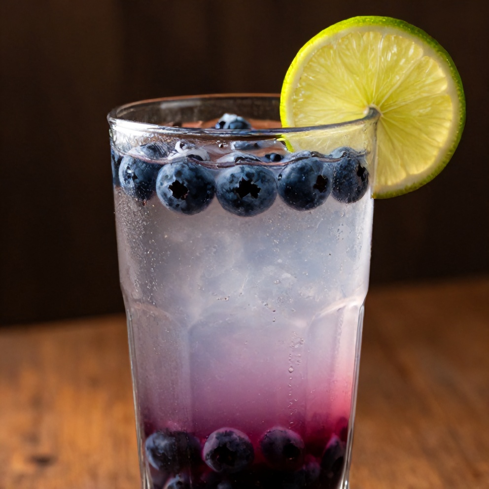 Blueberry Coconut Water Drink garnished with lime wheel