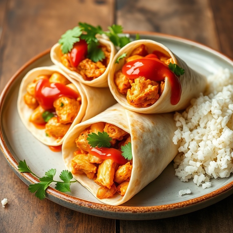 Plated sweet chili chicken wraps with a drizzle of sauce, fresh cilantro, and a side of rice. Golden and juicy inside.
