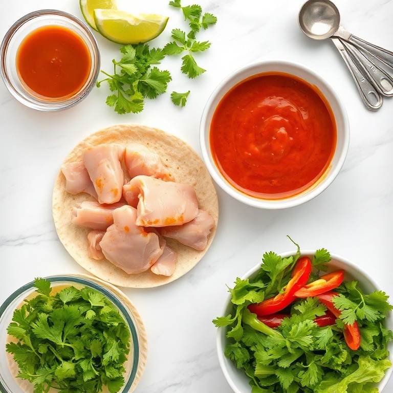 Raw chicken, sweet chili sauce, tortillas, lettuce, bell peppers, and cilantro arranged in a flat lay.