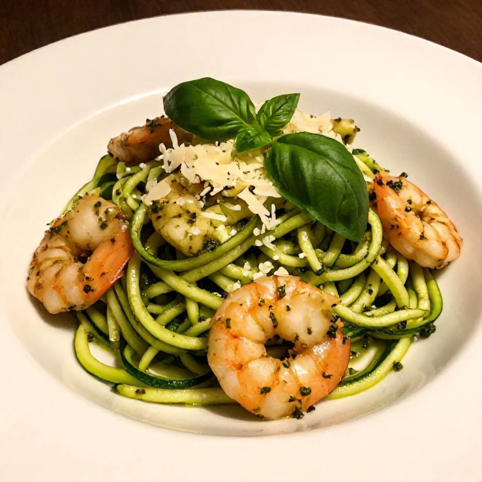 Plated zucchini noodles with pesto and shrimp