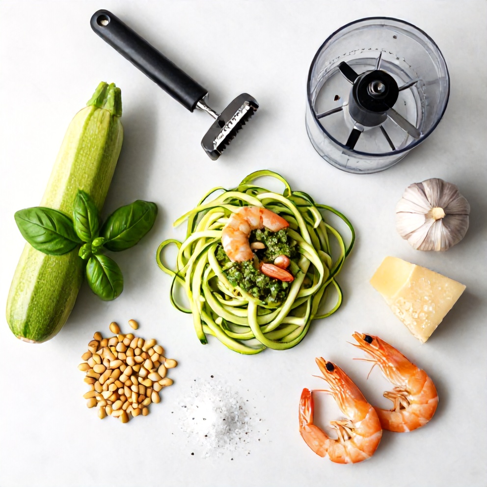 Raw ingredients for zucchini noodles with pesto and shrimp