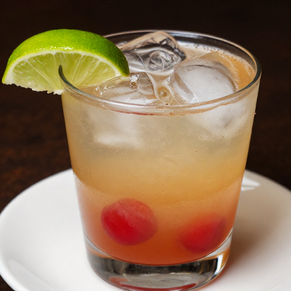 Cherry Limeade in a glass with ice and a lime wedge
