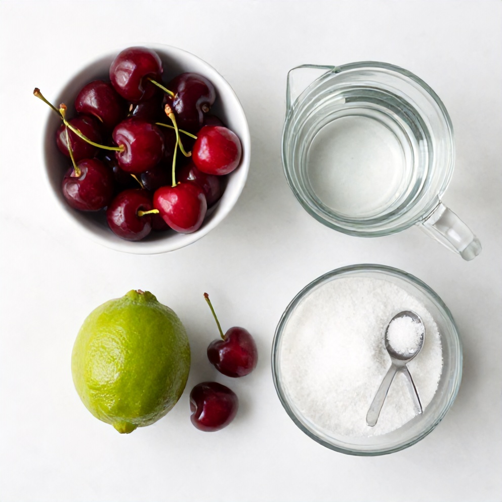 Ingredients for Cherry Limeade including cherries, limes, sugar, and ice