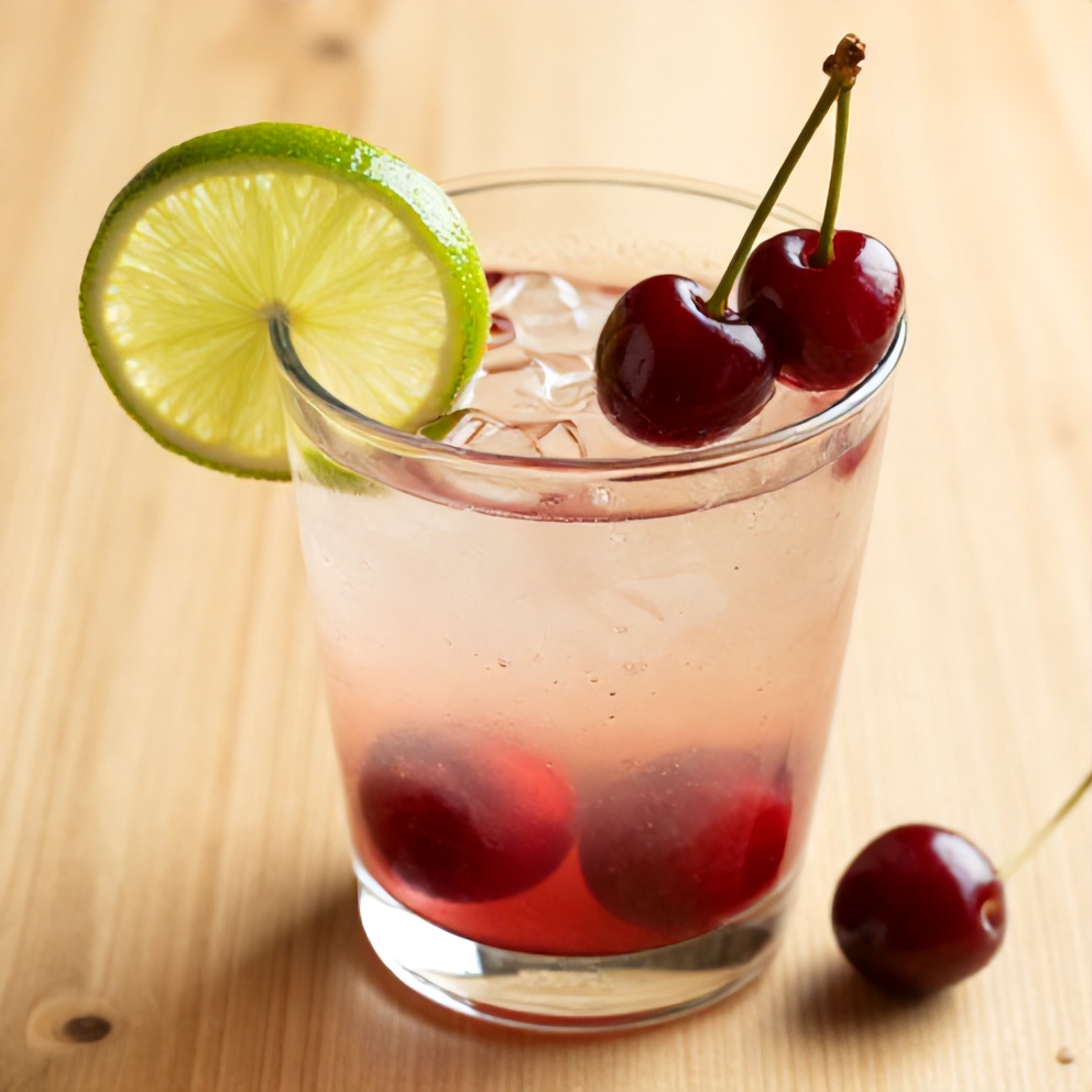 A glass of cherry limeade with a lime wedge and cherries