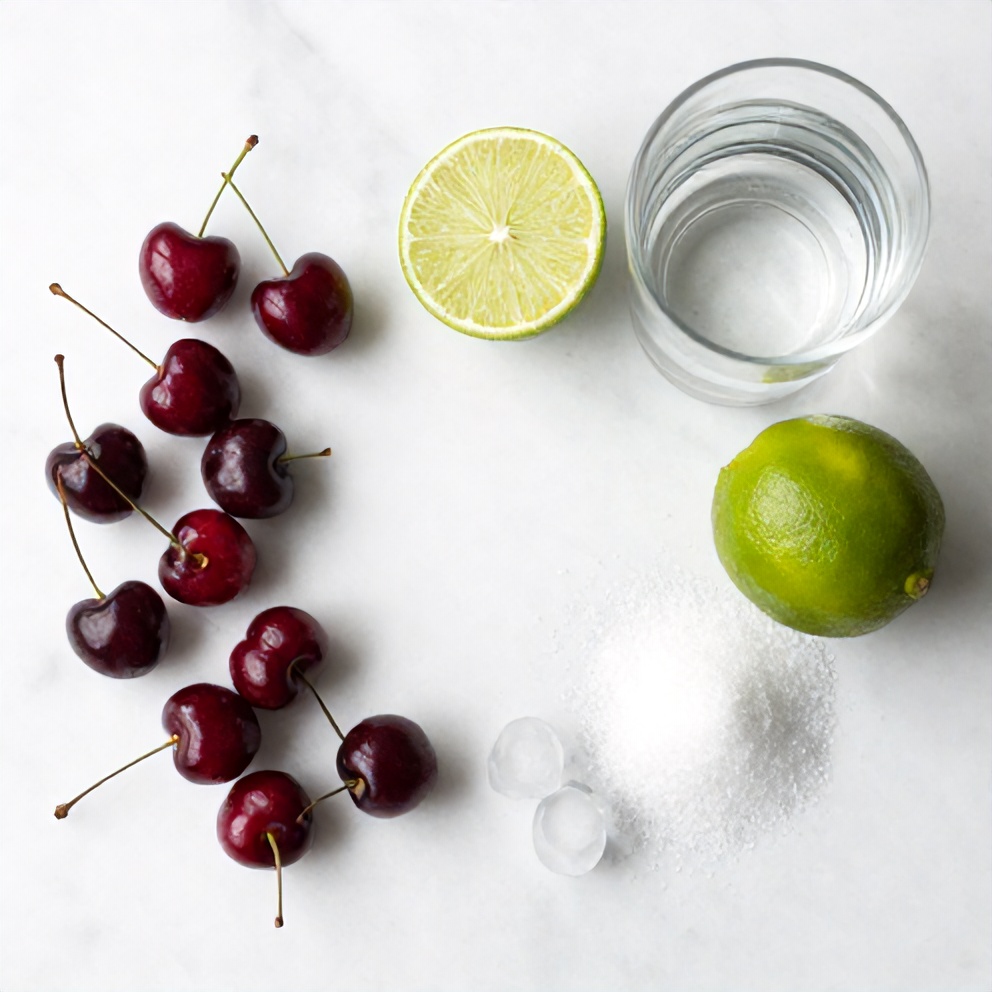 Ingredients for cherry limeade: cherries, limes, sugar, water, ice