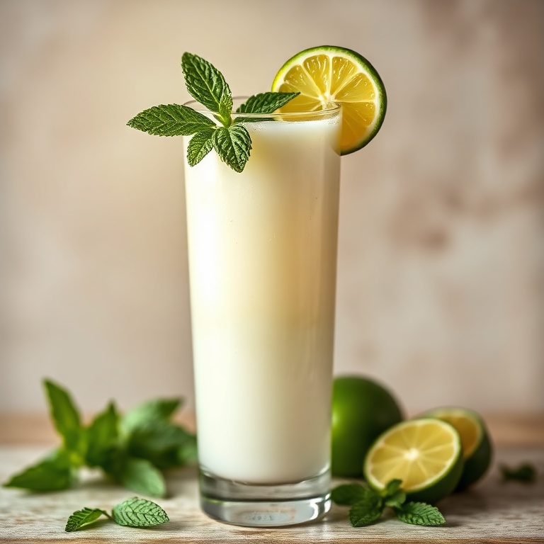 A tall glass of coconut lime drink with a lime wedge and mint garnish