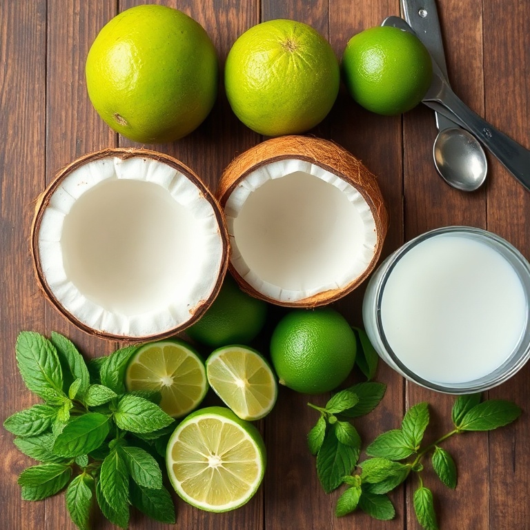 Fresh coconuts, limes, mint leaves, and a glass of coconut water on a wooden table