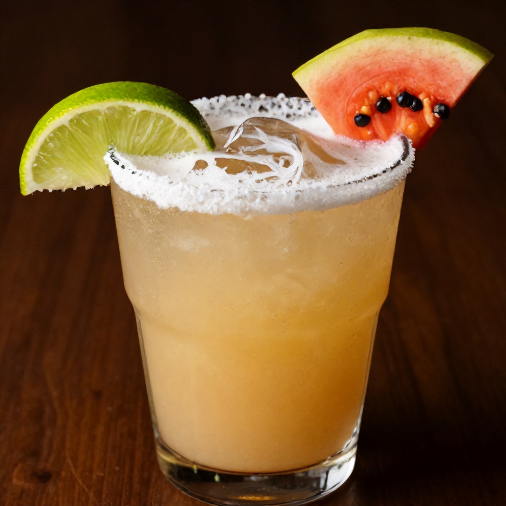 A perfectly plated guava coconut margarita with a lime rim, garnished with a lime wedge and a slice of guava. The glass is filled with a golden-hued drink and a hint of coconut on the surface.