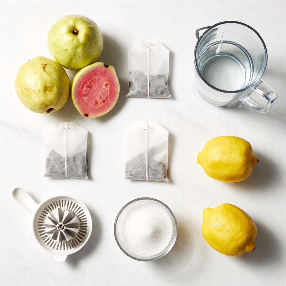 Guava, white tea bags, lemons, sugar, and water arranged on a white marble surface