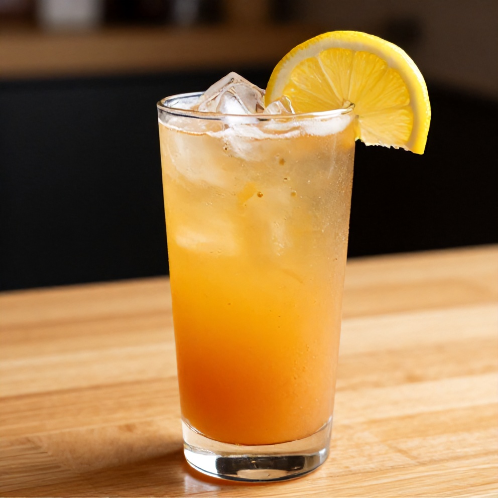 Glass of Peach Ginger Lemonade with ice cubes and a lemon slice