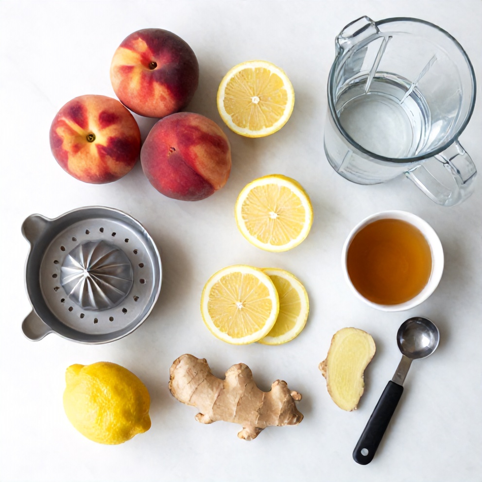 Raw ingredients for Peach Ginger Lemonade on a marble surface
