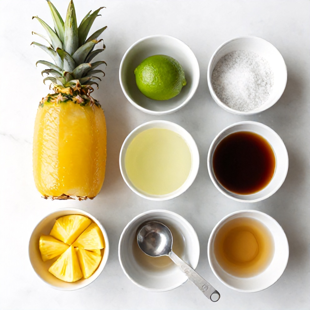 Raw ingredients for pineapple margarita mocktail including pineapple juice, lime juice, agave syrup, and salt