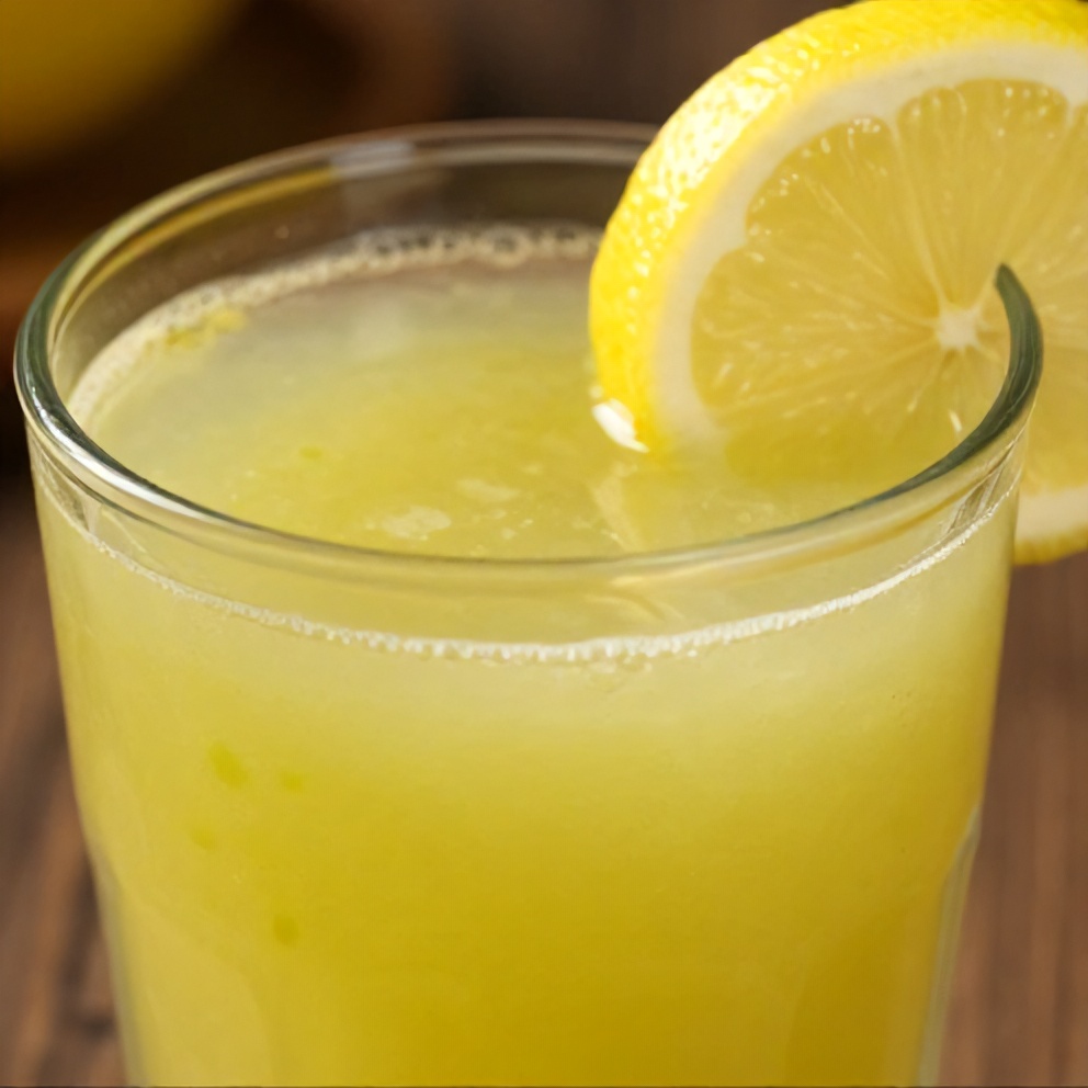 Poured celery apple juice in a glass with a lemon slice