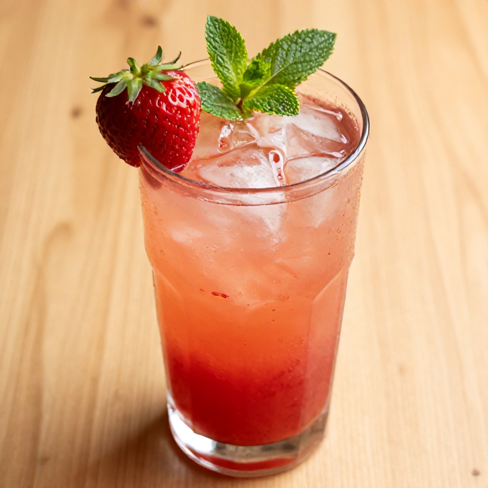 Glass of Strawberry Mint Lemonade with a strawberry and mint leaf garnish