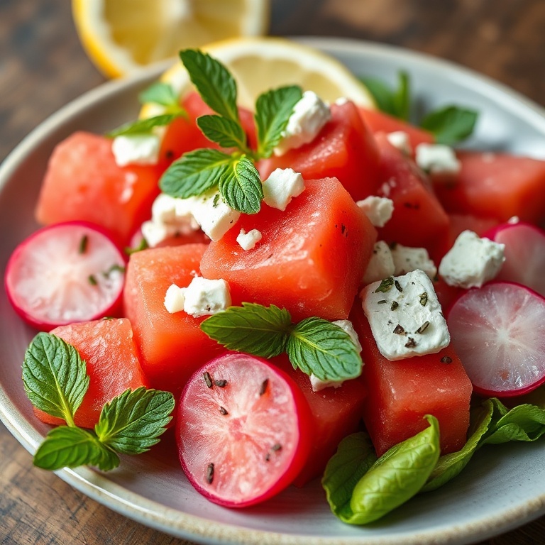 A beautifully plated watermelon and radish salad with feta. Garnished with mint and lemon.