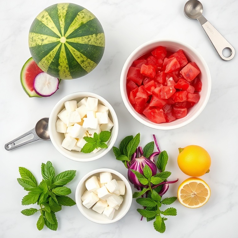 Fresh watermelon, purple radish, feta cheese, mint, and lemon. Measuring tools and bowls arranged neatly.