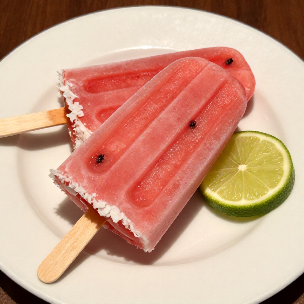 Watermelon Coconut Popsicle on a white plate with a lime wheel garnish
