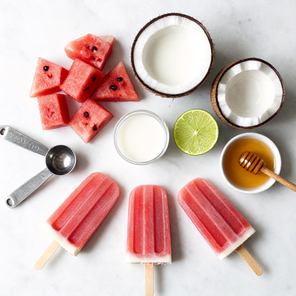 Watermelon, coconut milk, lime, and honey arranged on a white marble surface